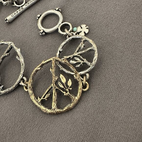 Lucky Brand Peace Symbol Bracelet Toggle Clasp 8" Mixed Metal Twigs & Leaves - Picture 4 of 10
